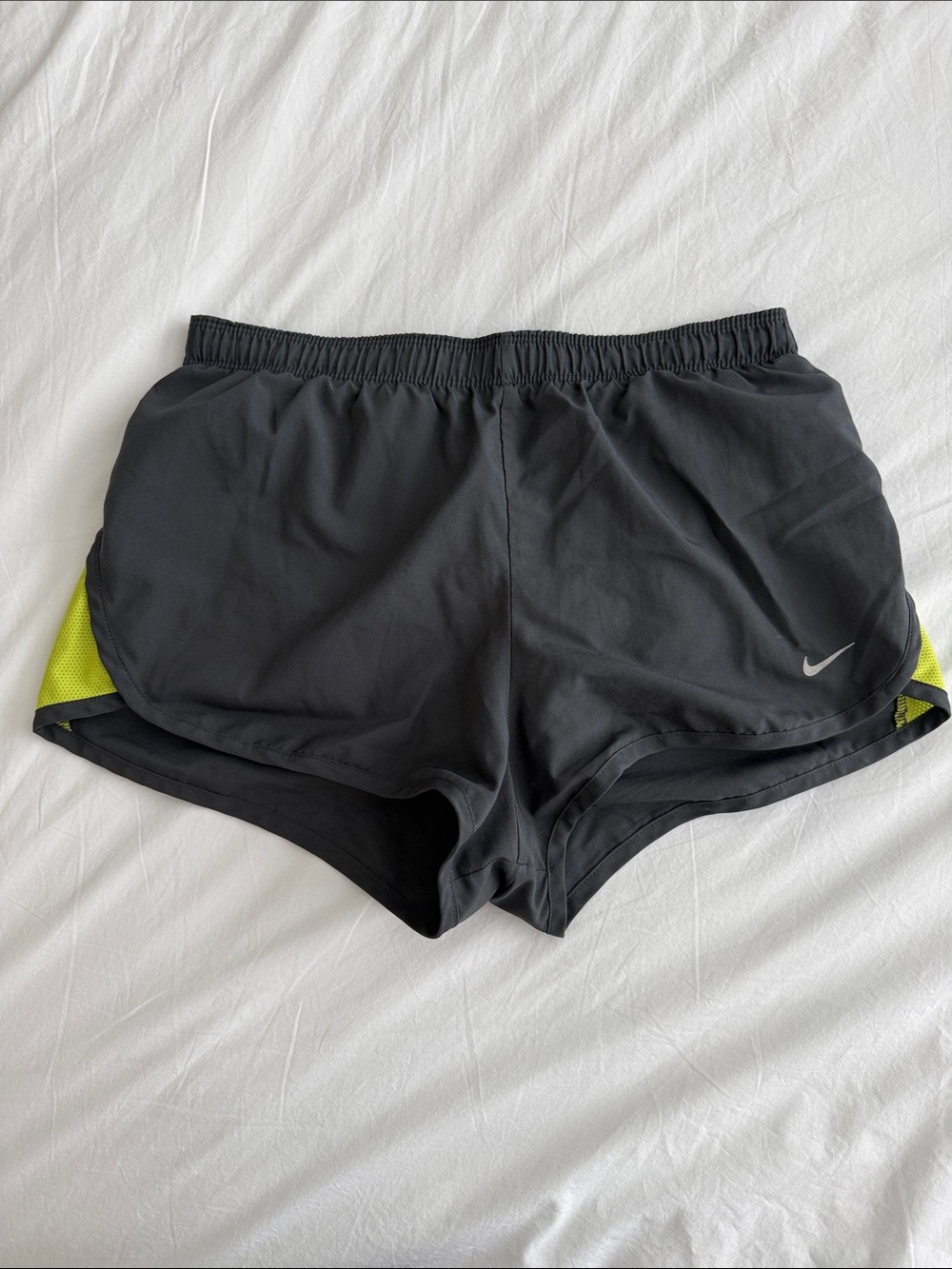 Nike Women’s Grey Running Shorts with Lime Accent Panels and Built-In Briefs